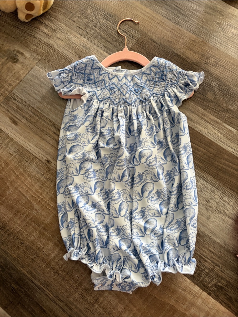 Unbranded Blue Shell-Print Smocked Baby Romper